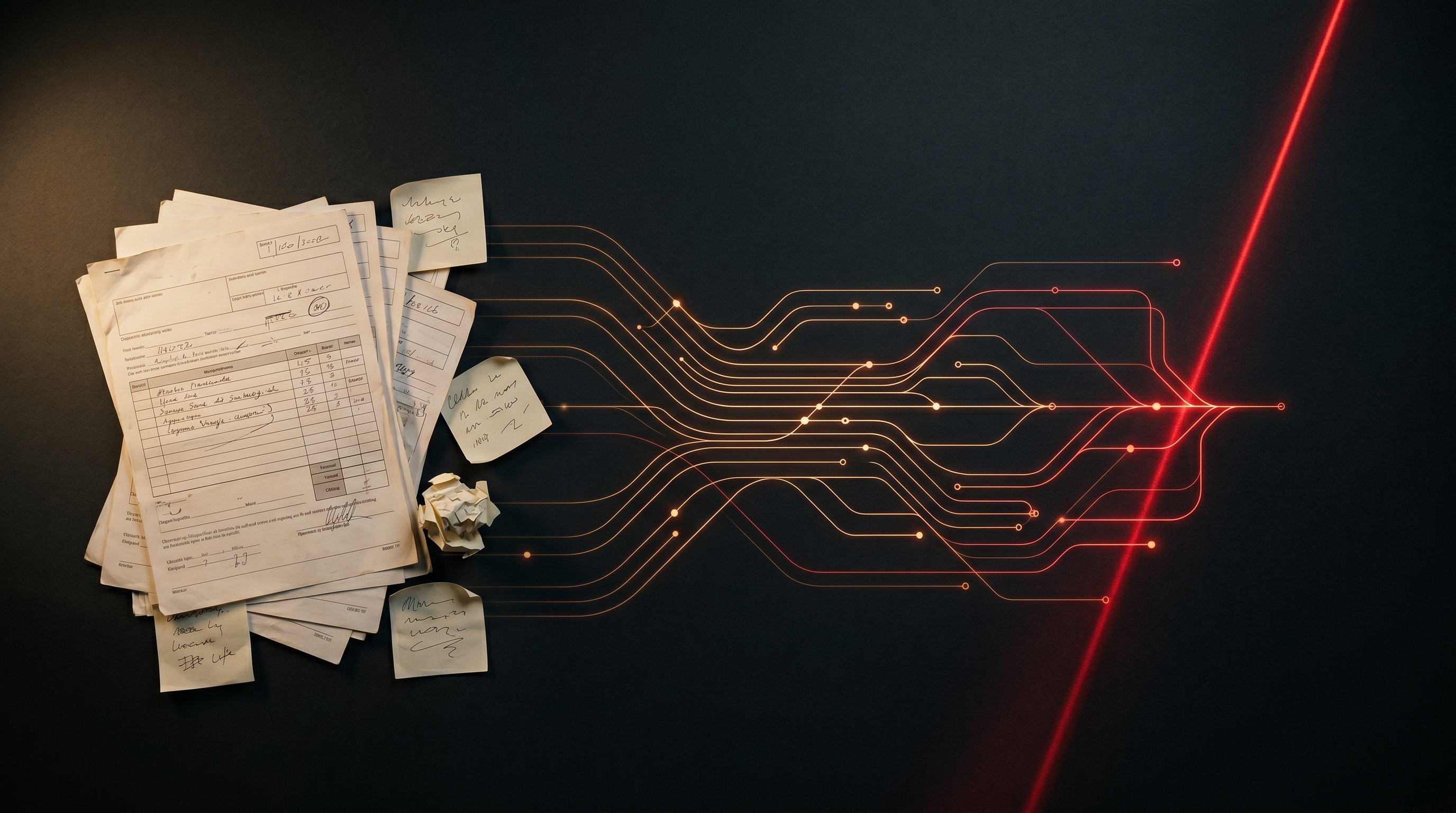 A stack of paper forms and sticky notes on a dark desk resolving into clean glowing automation pipelines